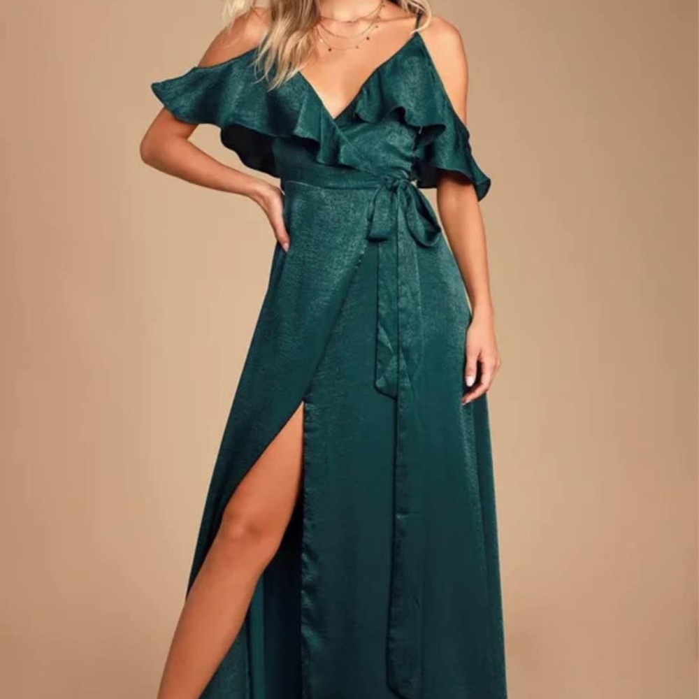 Lulu's Green Ruffled One-Shoulder Maxi Gown